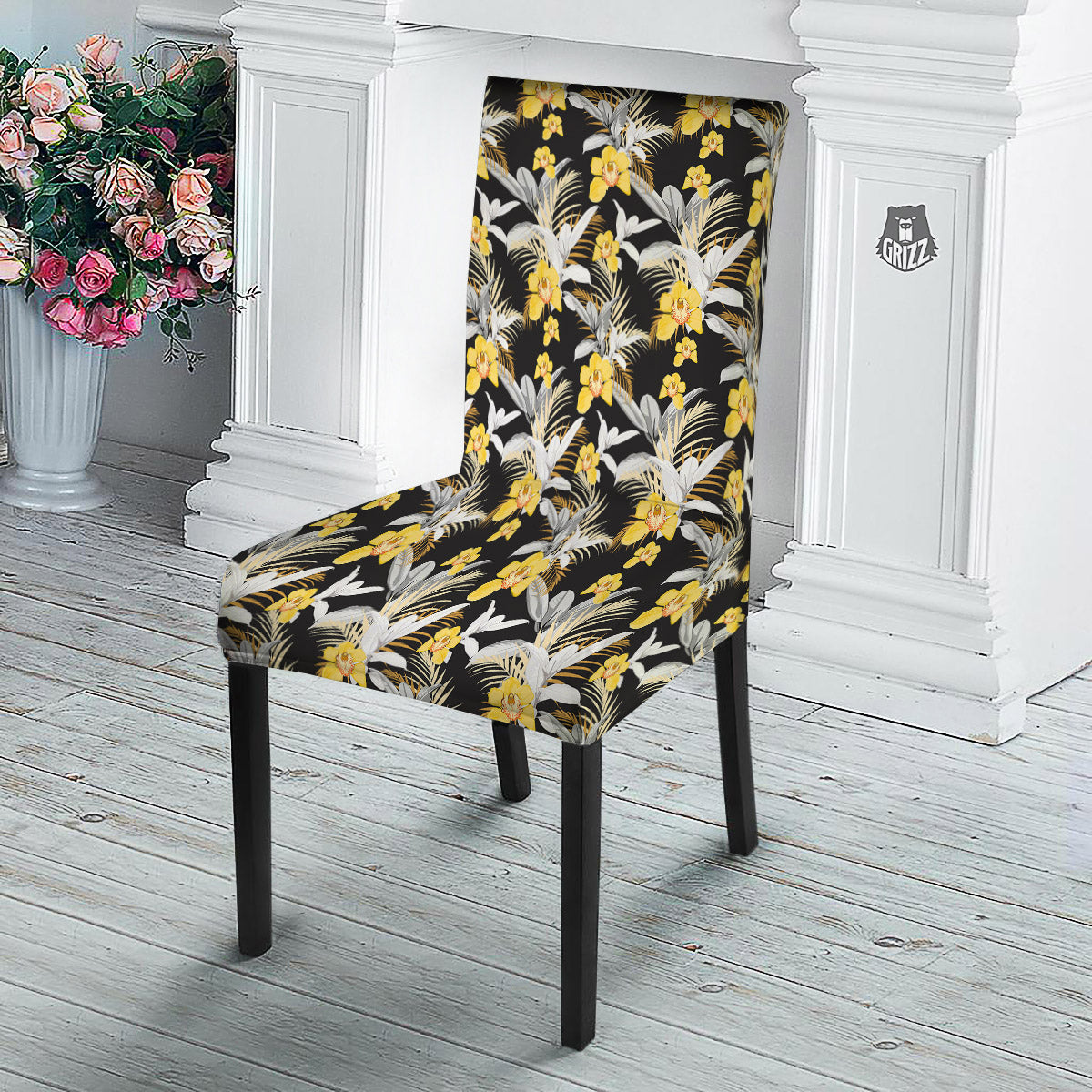 Plumeria Yellow And Black Print Pattern Dining Chair Slipcover-grizzshop