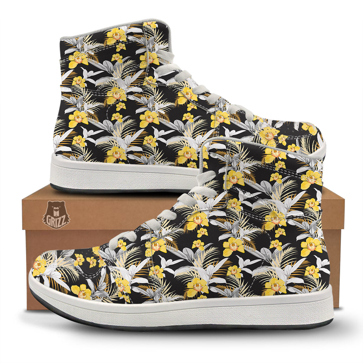 Plumeria Yellow And Black Print Pattern High Top Sneakers-grizzshop