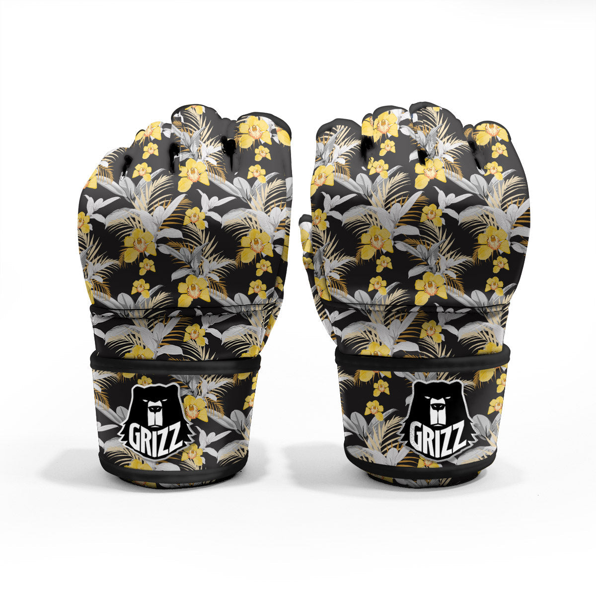 Plumeria Yellow And Black Print Pattern MMA Gloves-grizzshop