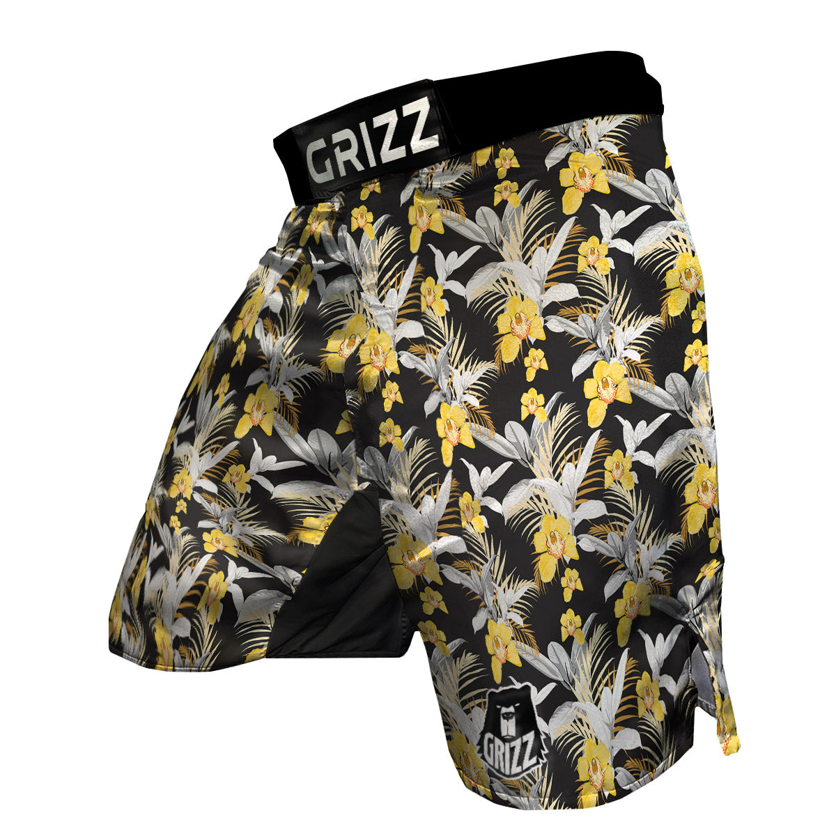 Plumeria Yellow And Black Print Pattern MMA Shorts-grizzshop