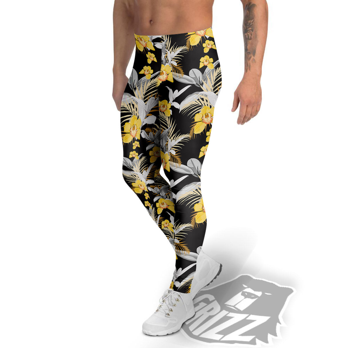 Plumeria Yellow And Black Print Pattern Men's Leggings-grizzshop