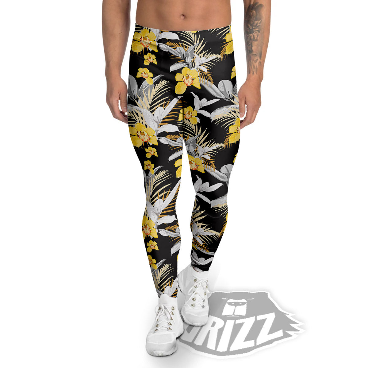 Plumeria Yellow And Black Print Pattern Men's Leggings-grizzshop