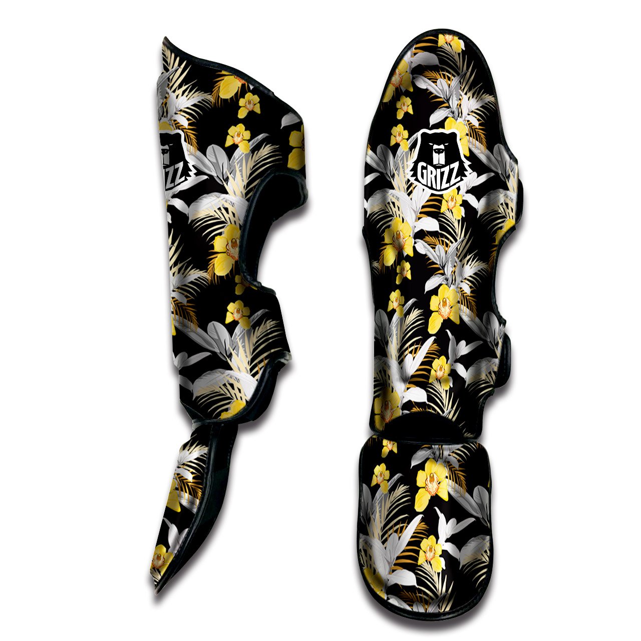 Plumeria Yellow And Black Print Pattern Muay Thai Shin Guards-grizzshop