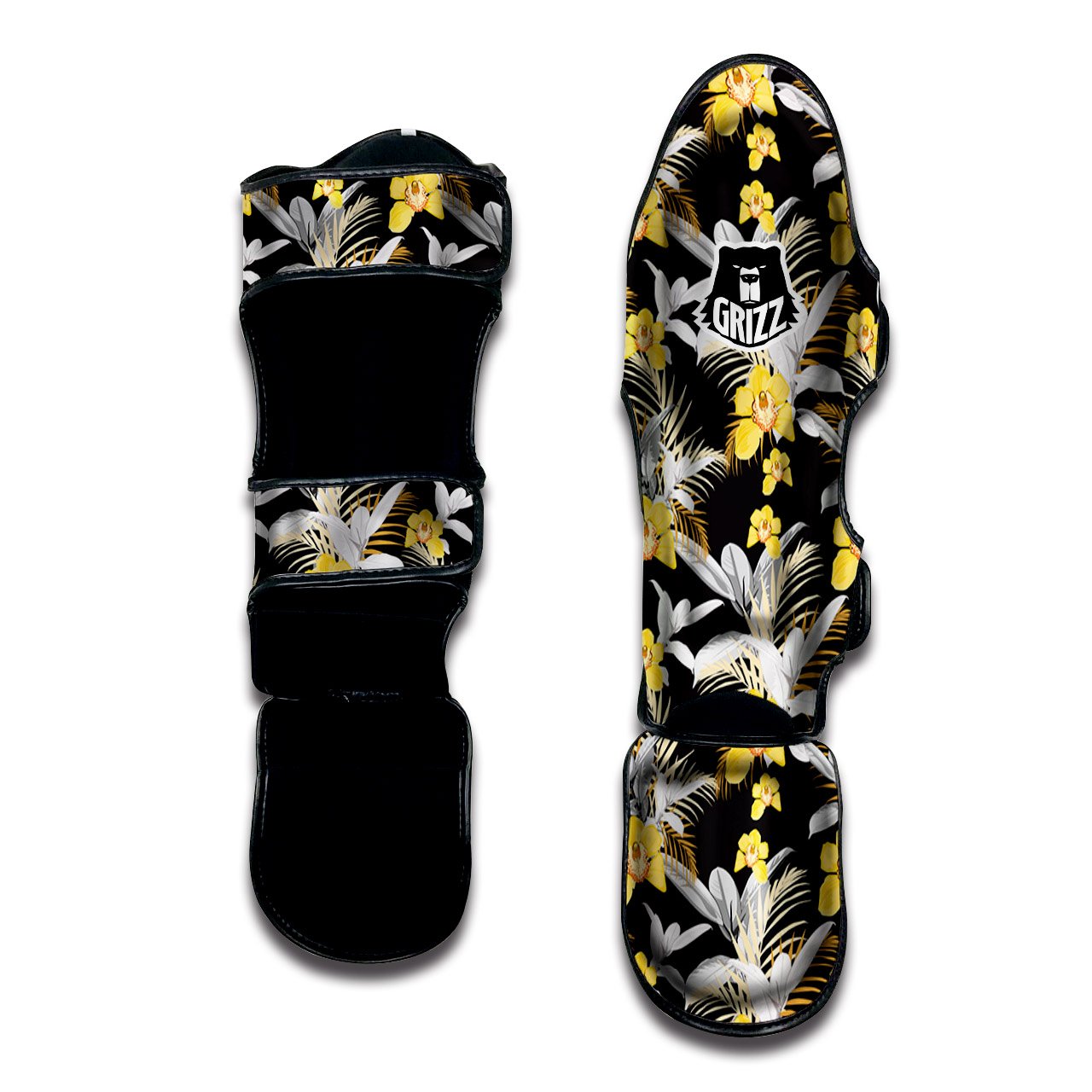 Plumeria Yellow And Black Print Pattern Muay Thai Shin Guards-grizzshop