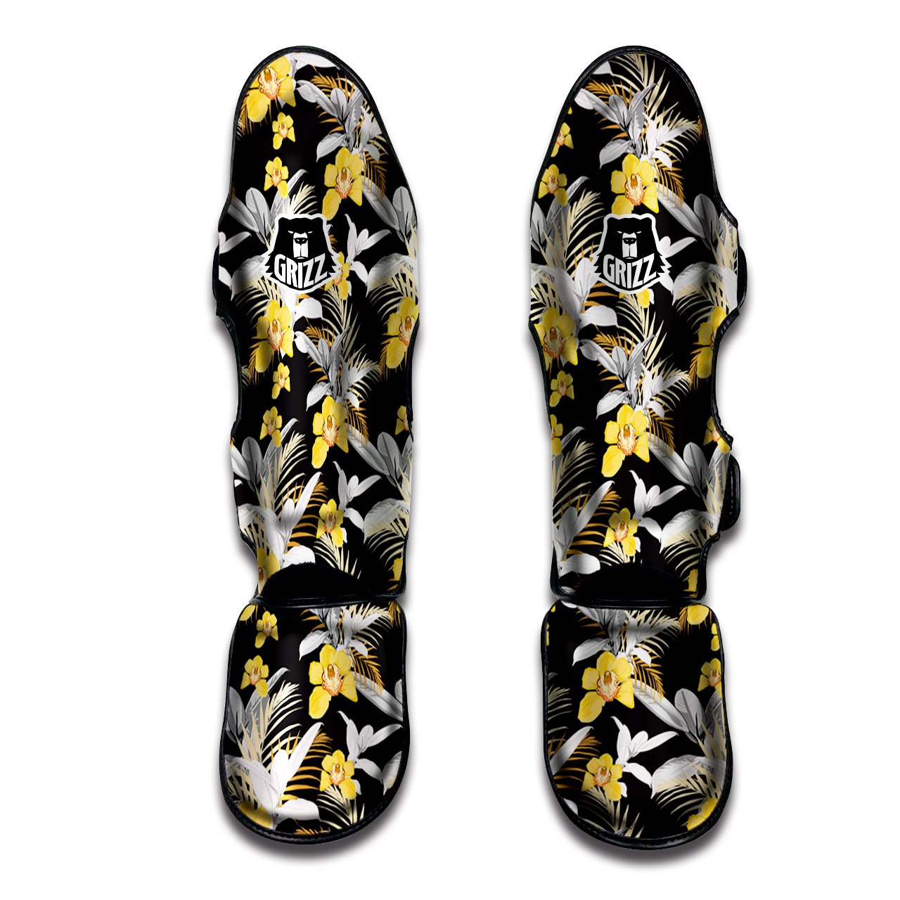 Plumeria Yellow And Black Print Pattern Muay Thai Shin Guards-grizzshop