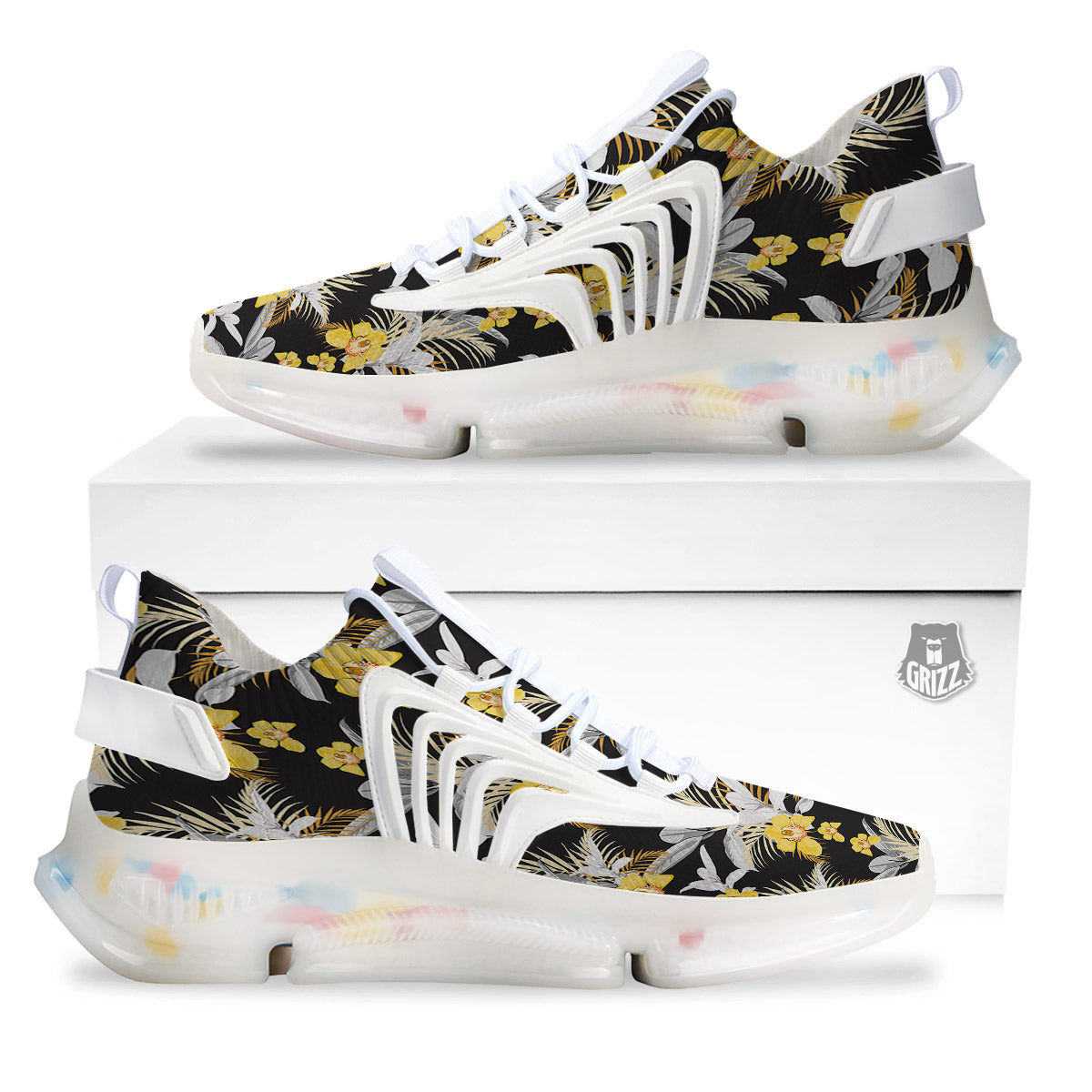 Plumeria Yellow And Black Print Pattern White Gym Shoes-grizzshop