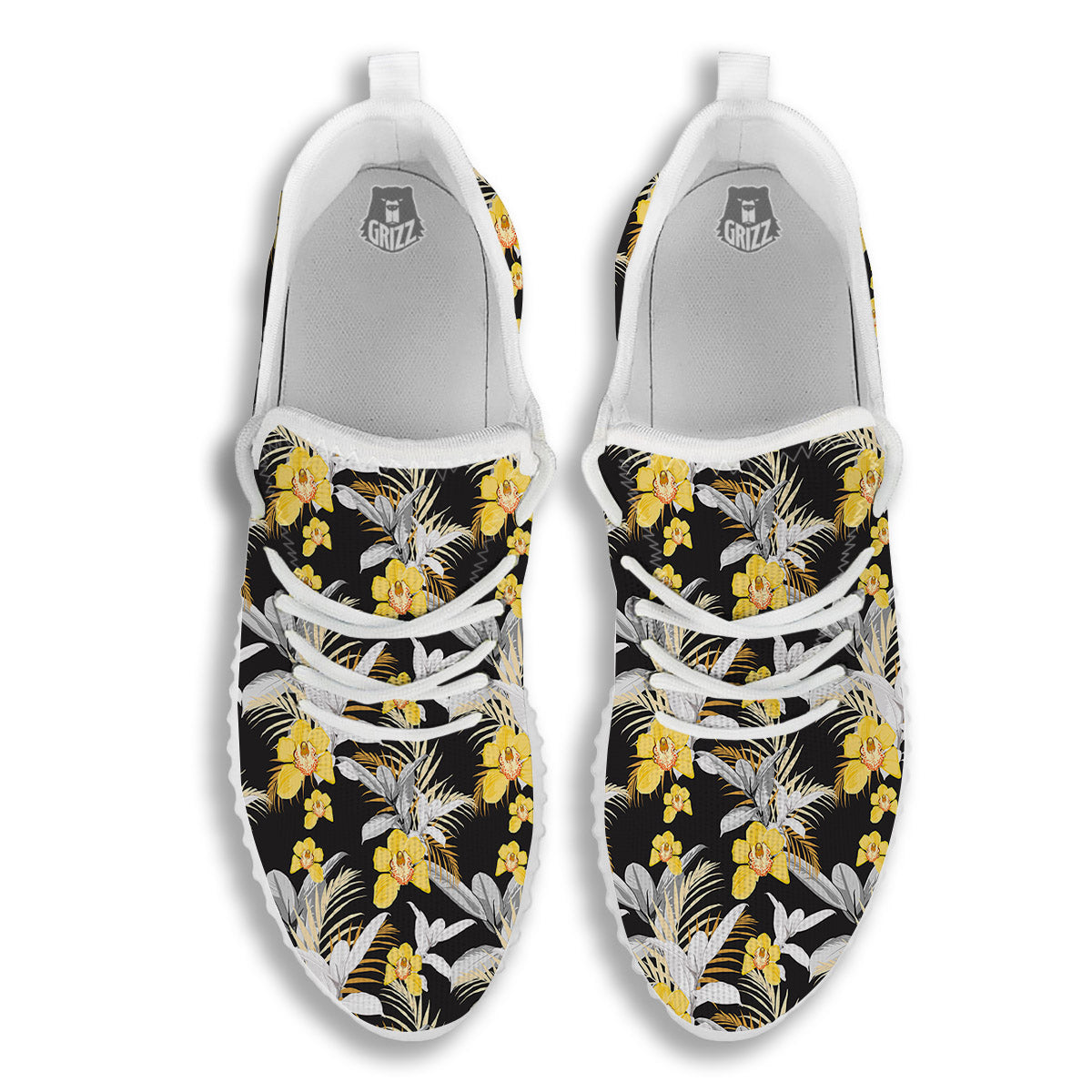 Plumeria Yellow And Black Print Pattern White Walking Shoes-grizzshop