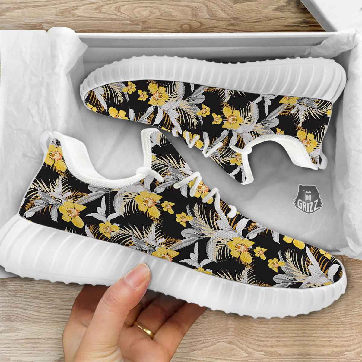 Plumeria Yellow And Black Print Pattern White Walking Shoes-grizzshop