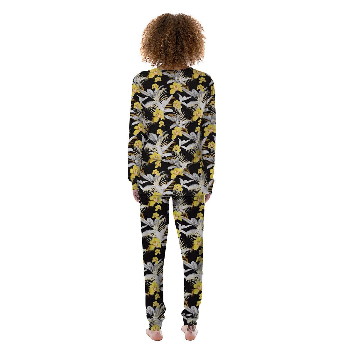 Plumeria Yellow And Black Print Pattern Women's Pajamas-grizzshop