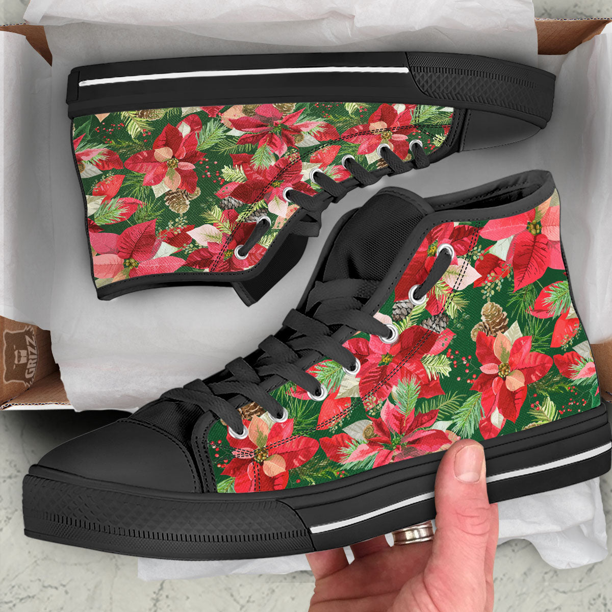 Poinsettia Christmas Vintage Print Pattern Black High Top Shoes-grizzshop