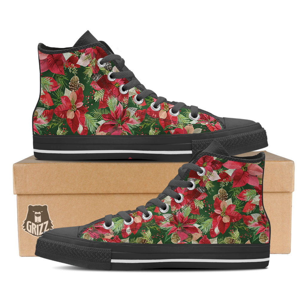 Poinsettia Christmas Vintage Print Pattern Black High Top Shoes-grizzshop