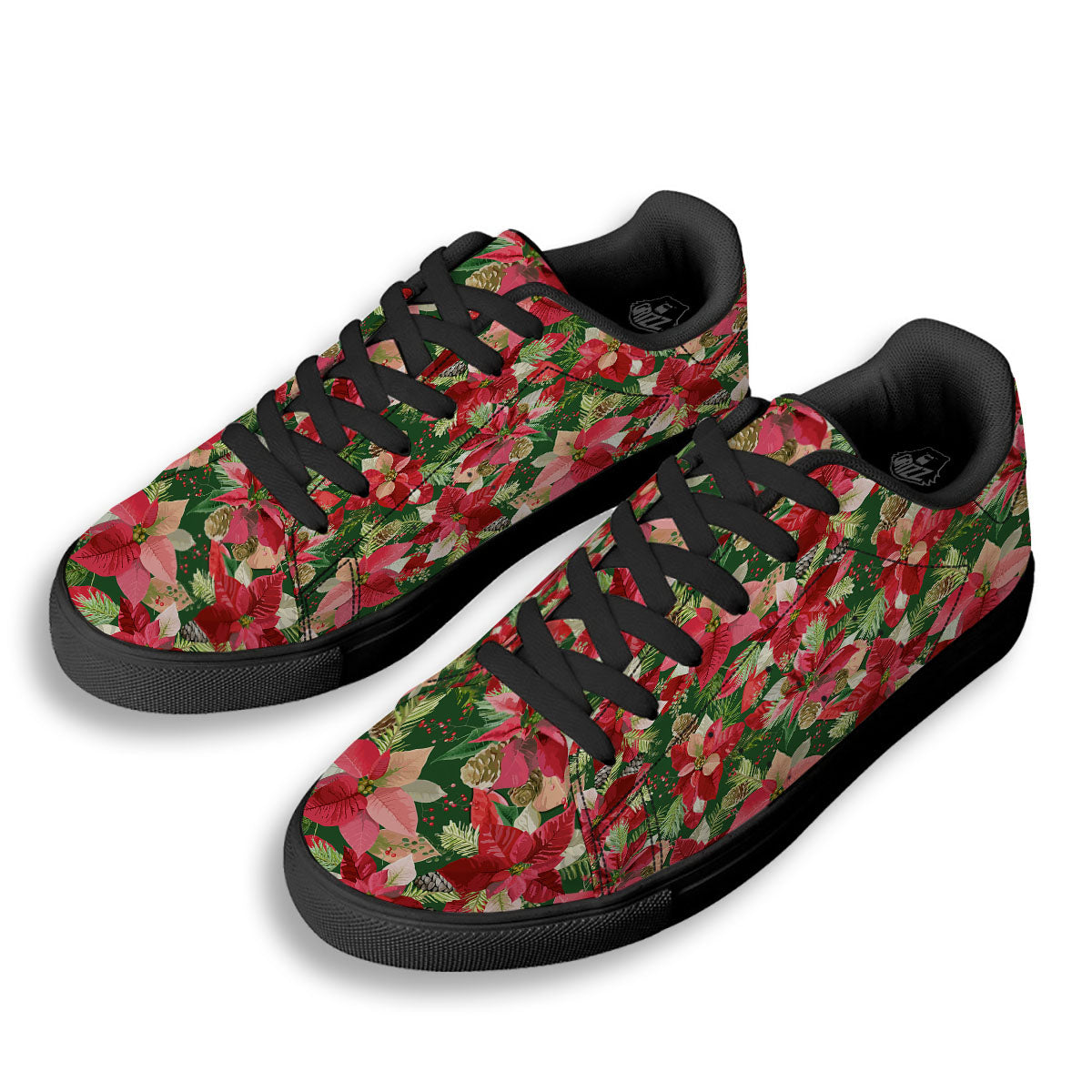 Poinsettia Christmas Vintage Print Pattern Black Low Top Sneakers-grizzshop