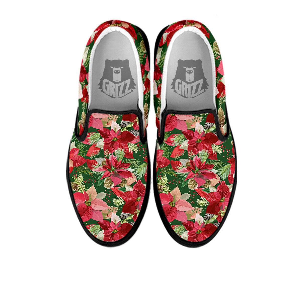 Poinsettia Christmas Vintage Print Pattern Black Slip On Shoes-grizzshop