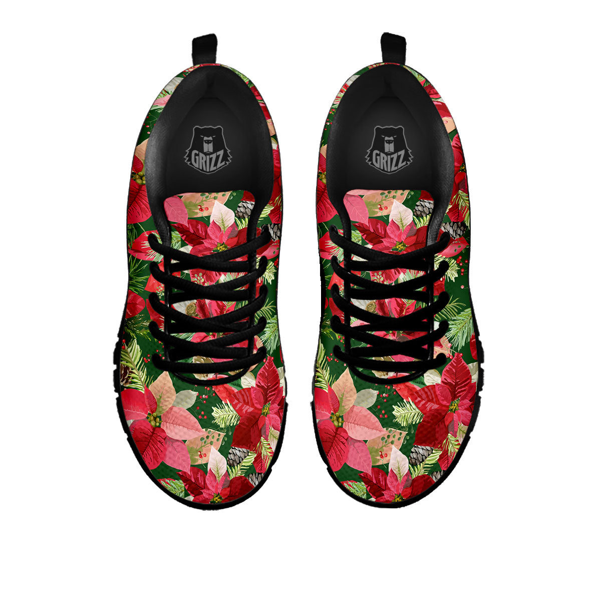 Poinsettia Christmas Vintage Print Pattern Black Sneaker-grizzshop