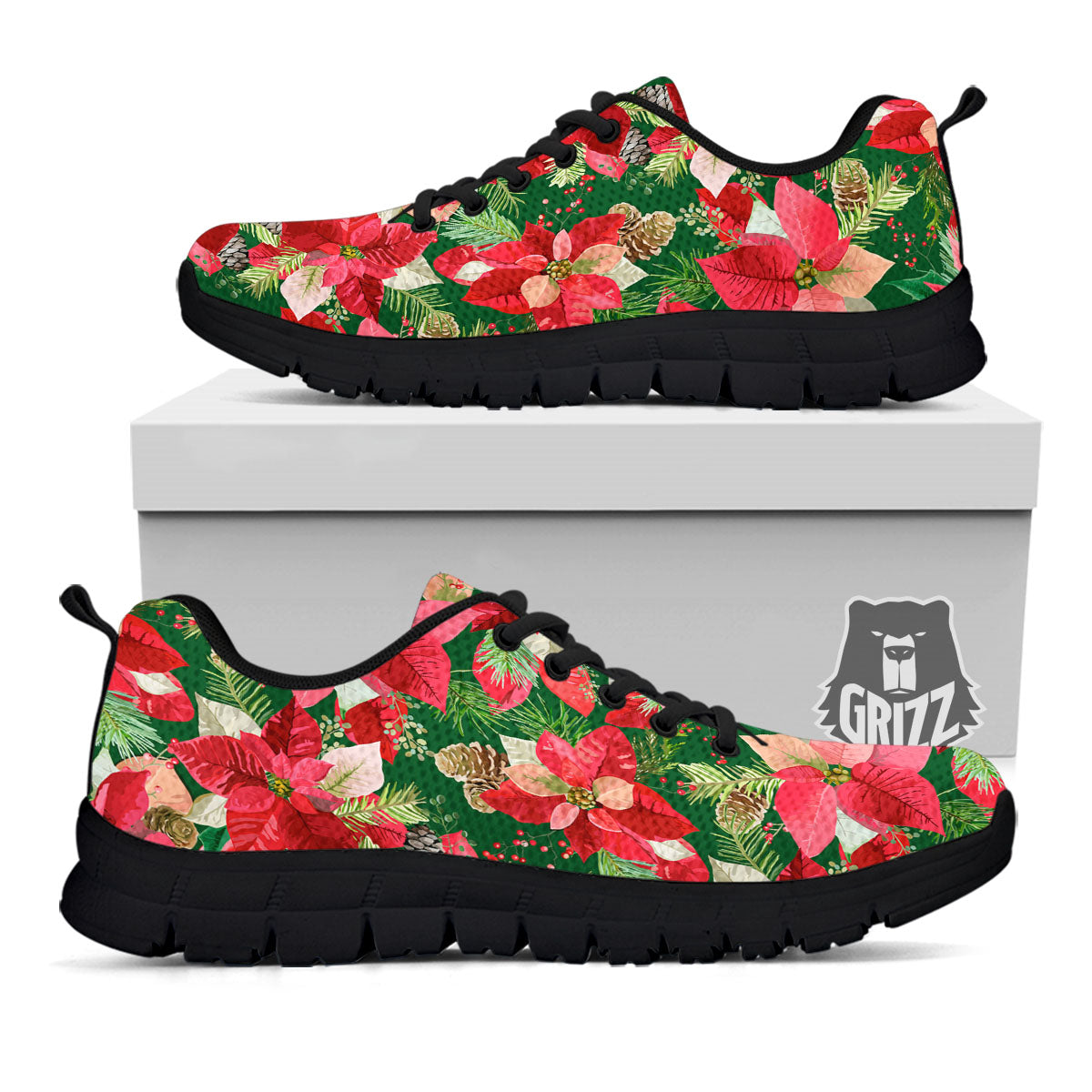 Poinsettia Christmas Vintage Print Pattern Black Sneaker-grizzshop