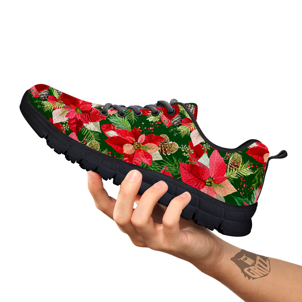 Poinsettia Christmas Vintage Print Pattern Black Sneaker-grizzshop