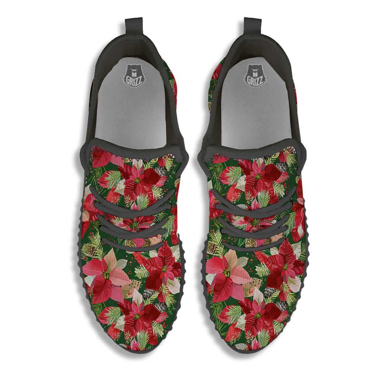 Poinsettia Christmas Vintage Print Pattern Black Walking Shoes-grizzshop