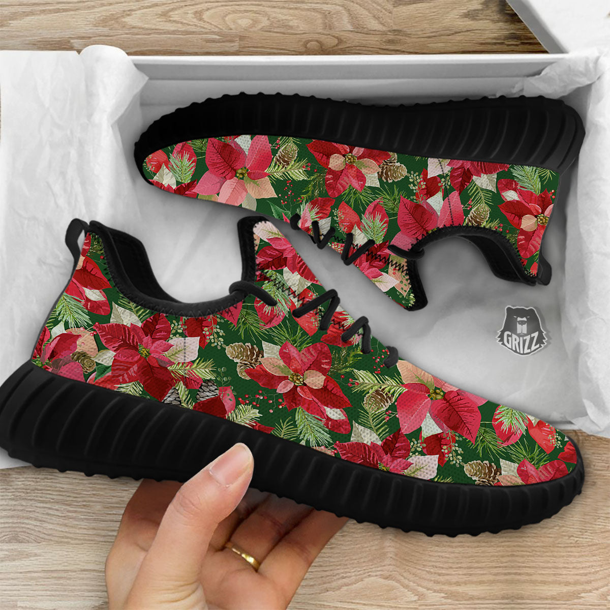 Poinsettia Christmas Vintage Print Pattern Black Walking Shoes-grizzshop