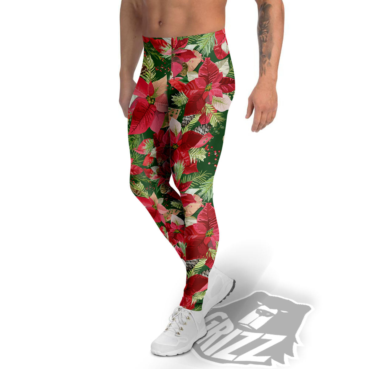 Poinsettia Christmas Vintage Print Pattern Men's Leggings-grizzshop