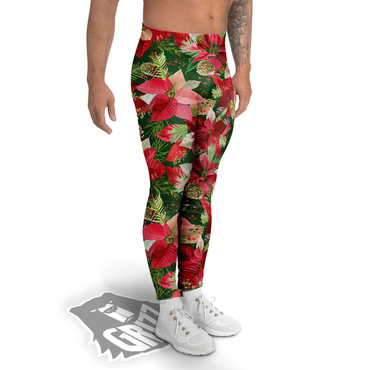 Poinsettia Christmas Vintage Print Pattern Men's Leggings-grizzshop