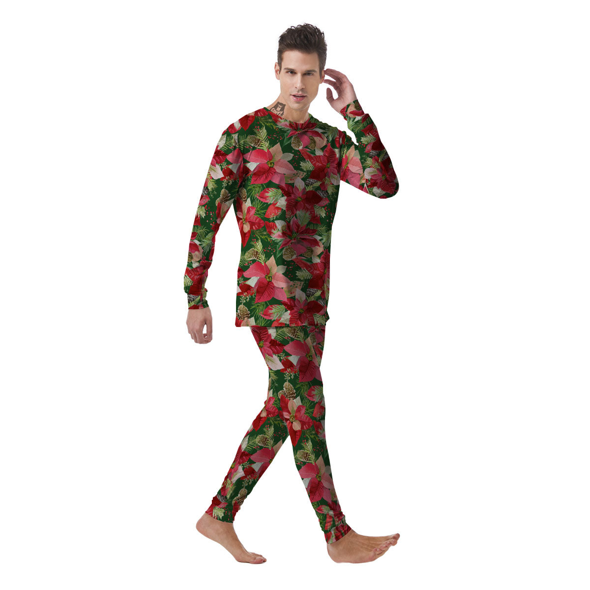 Poinsettia Christmas Vintage Print Pattern Men's Pajamas-grizzshop