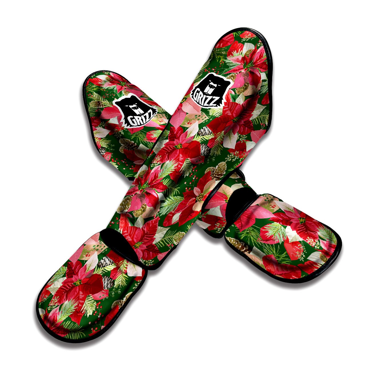 Poinsettia Christmas Vintage Print Pattern Muay Thai Shin Guards-grizzshop