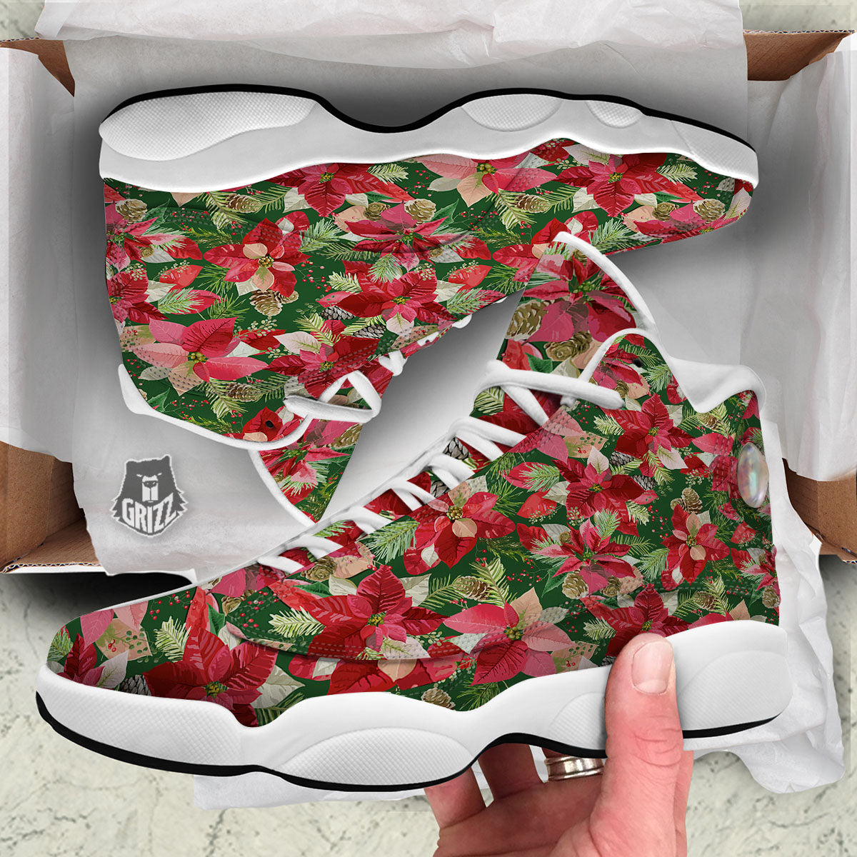 Poinsettia Christmas Vintage Print Pattern White Basketball Shoes-grizzshop