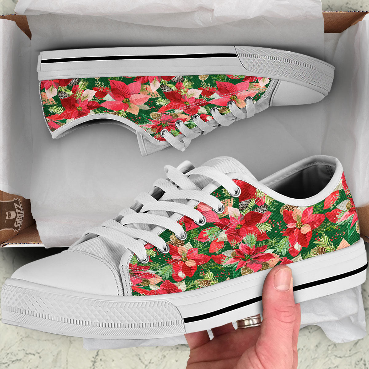 Poinsettia Christmas Vintage Print Pattern White Low Top Shoes-grizzshop