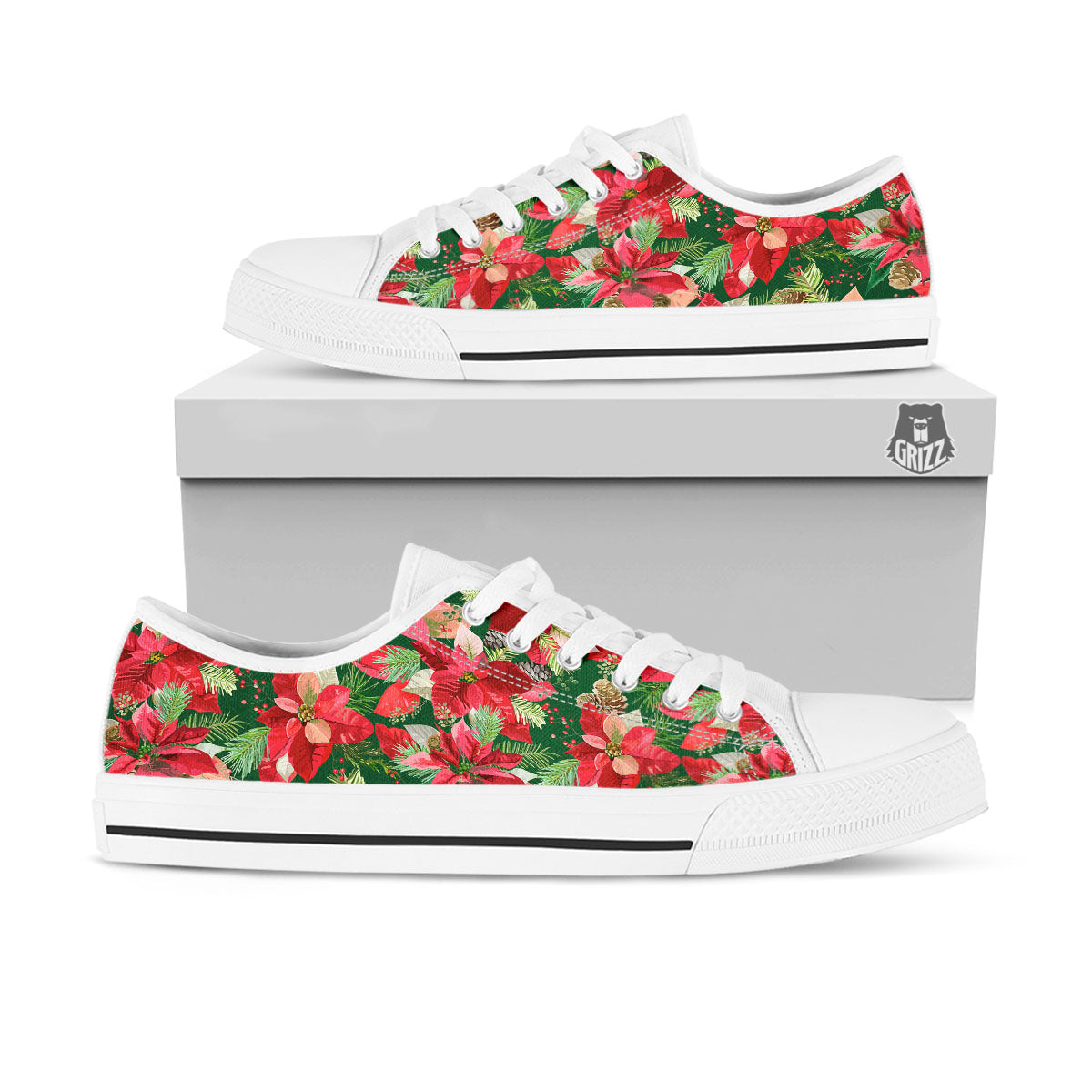 Poinsettia Christmas Vintage Print Pattern White Low Top Shoes-grizzshop