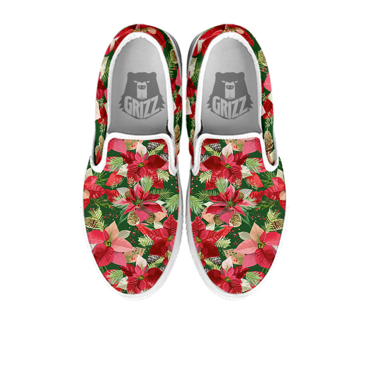 Poinsettia Christmas Vintage Print Pattern White Slip On Shoes-grizzshop