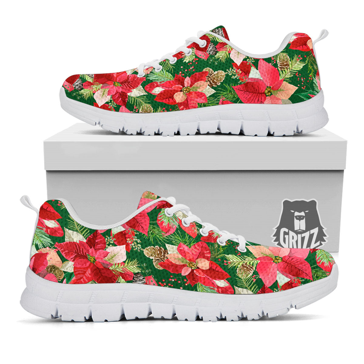 Poinsettia Christmas Vintage Print Pattern White Sneaker-grizzshop