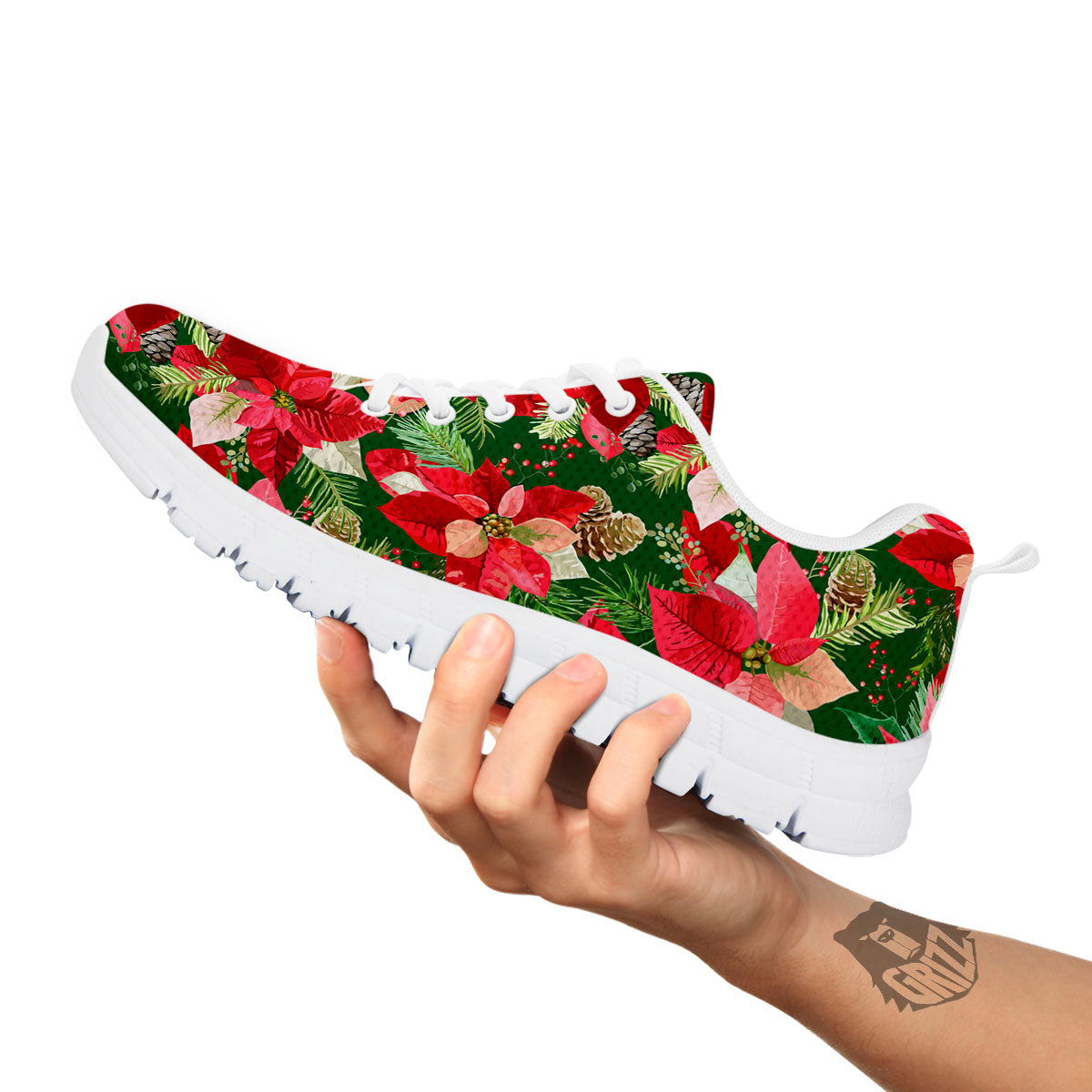 Poinsettia Christmas Vintage Print Pattern White Sneaker-grizzshop
