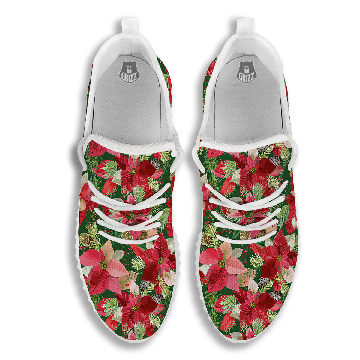 Poinsettia Christmas Vintage Print Pattern White Walking Shoes-grizzshop