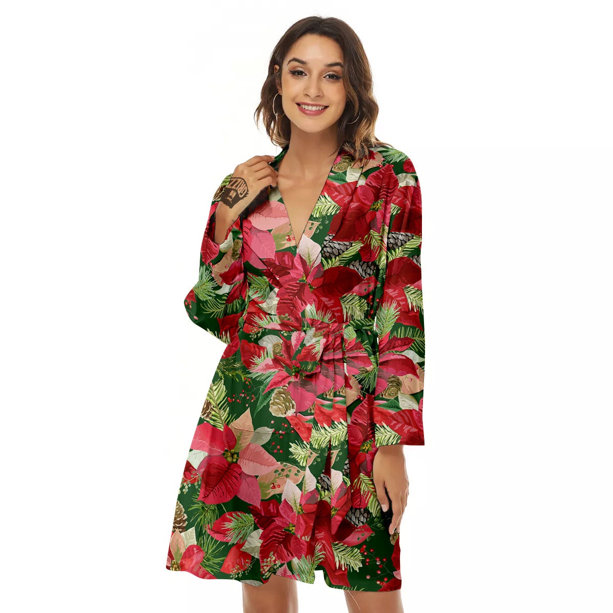 Poinsettia Christmas Vintage Print Pattern Women's Robe-grizzshop