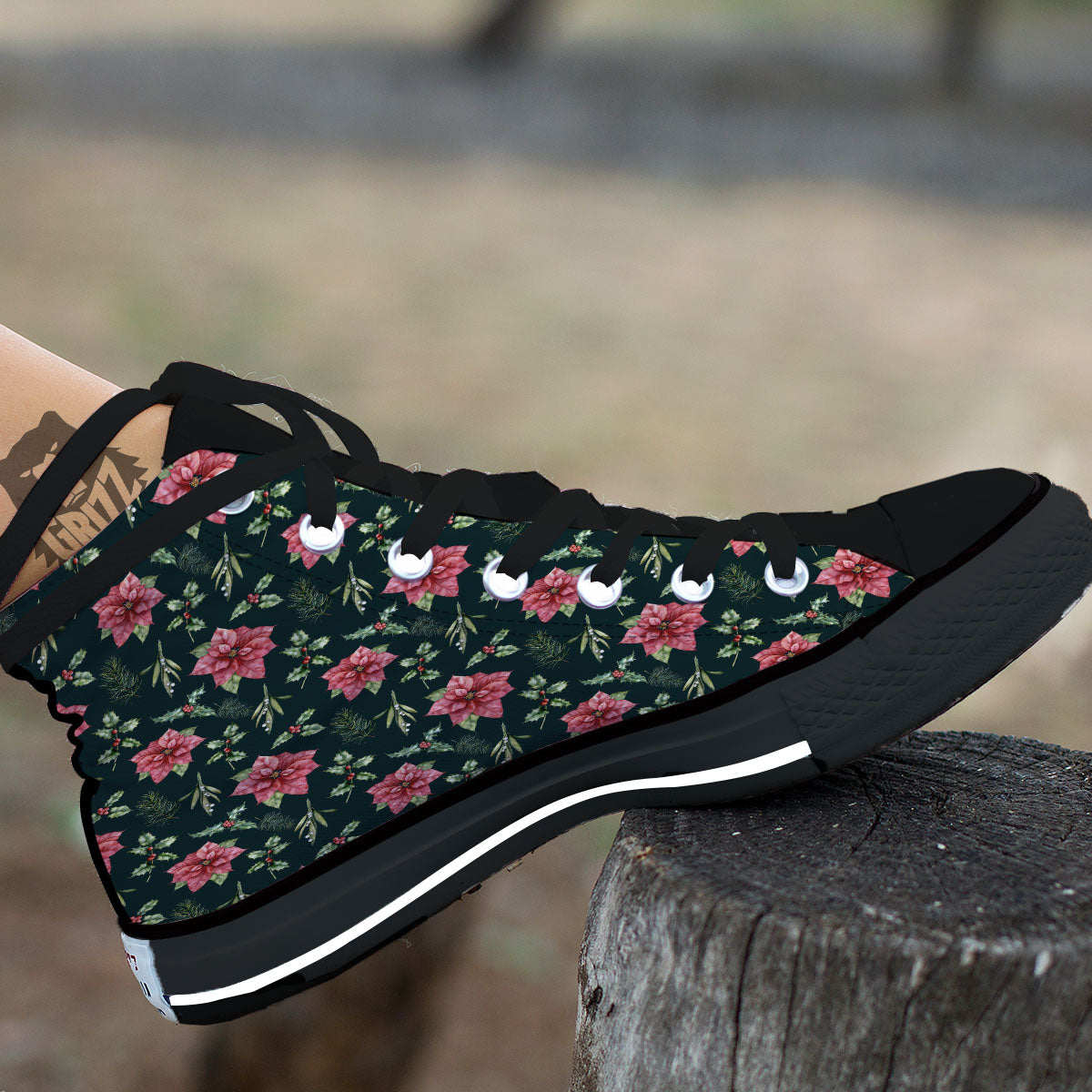 Poinsettia Christmas Watercolor Print Pattern Black High Top Shoes-grizzshop