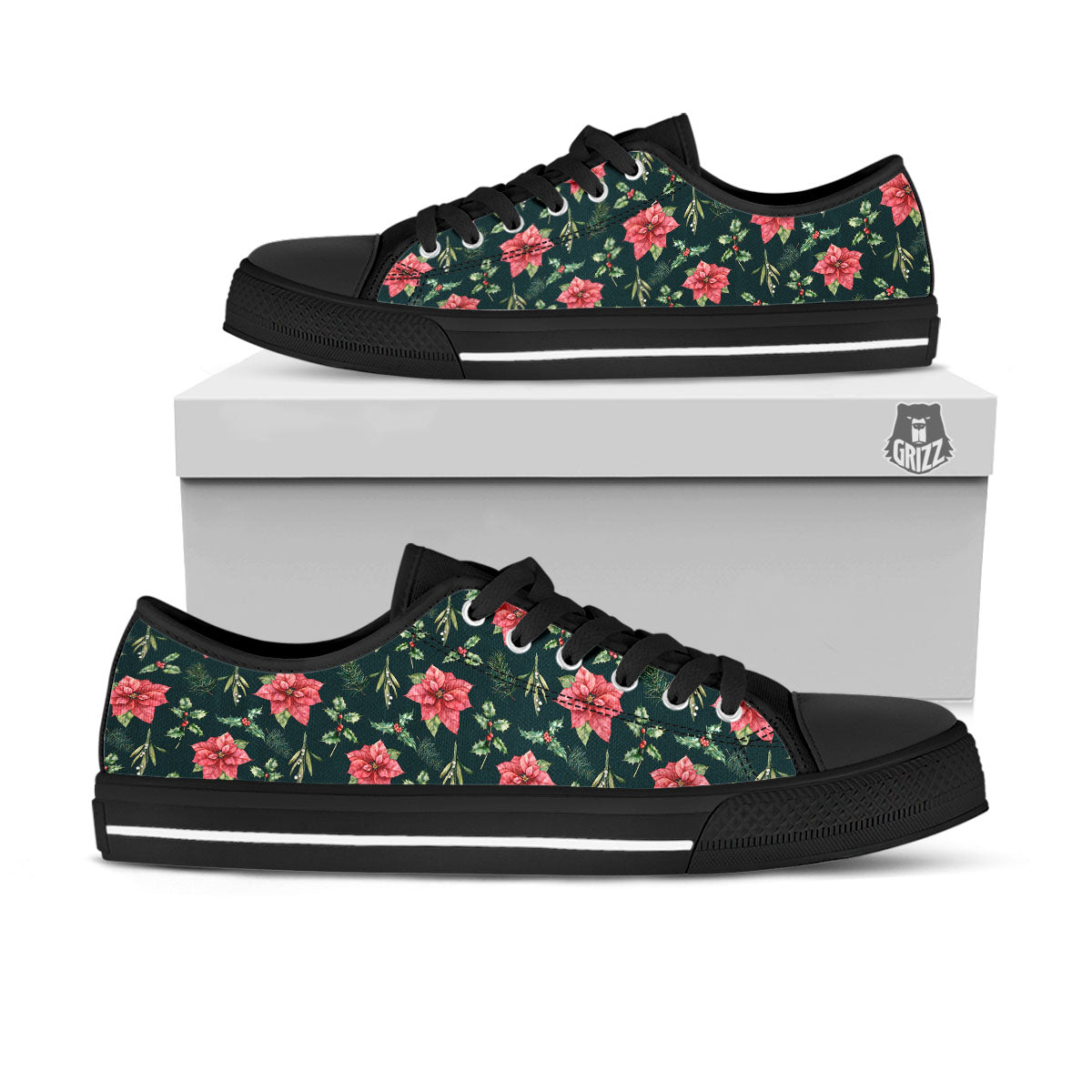 Poinsettia Christmas Watercolor Print Pattern Black Low Top Shoes-grizzshop