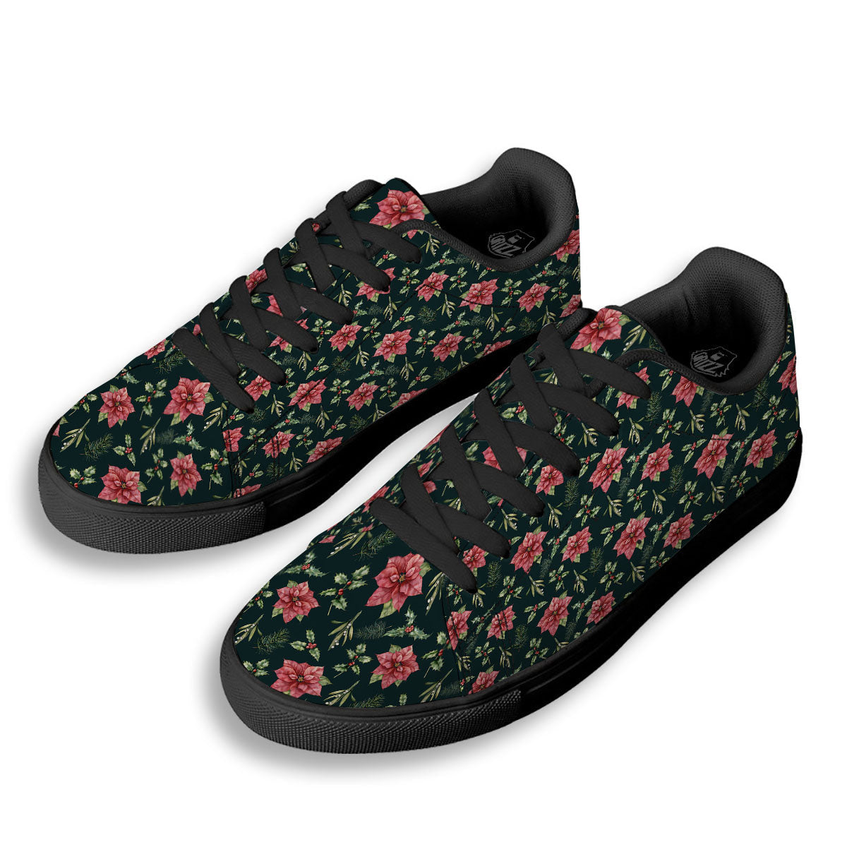 Poinsettia Christmas Watercolor Print Pattern Black Low Top Sneakers-grizzshop