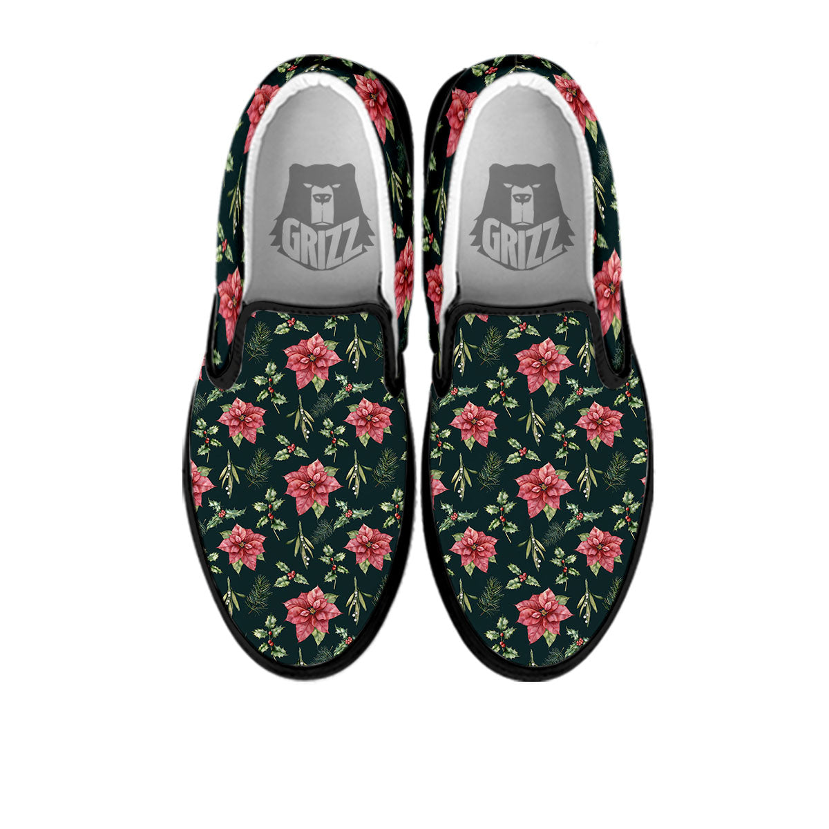 Poinsettia Christmas Watercolor Print Pattern Black Slip On Shoes-grizzshop