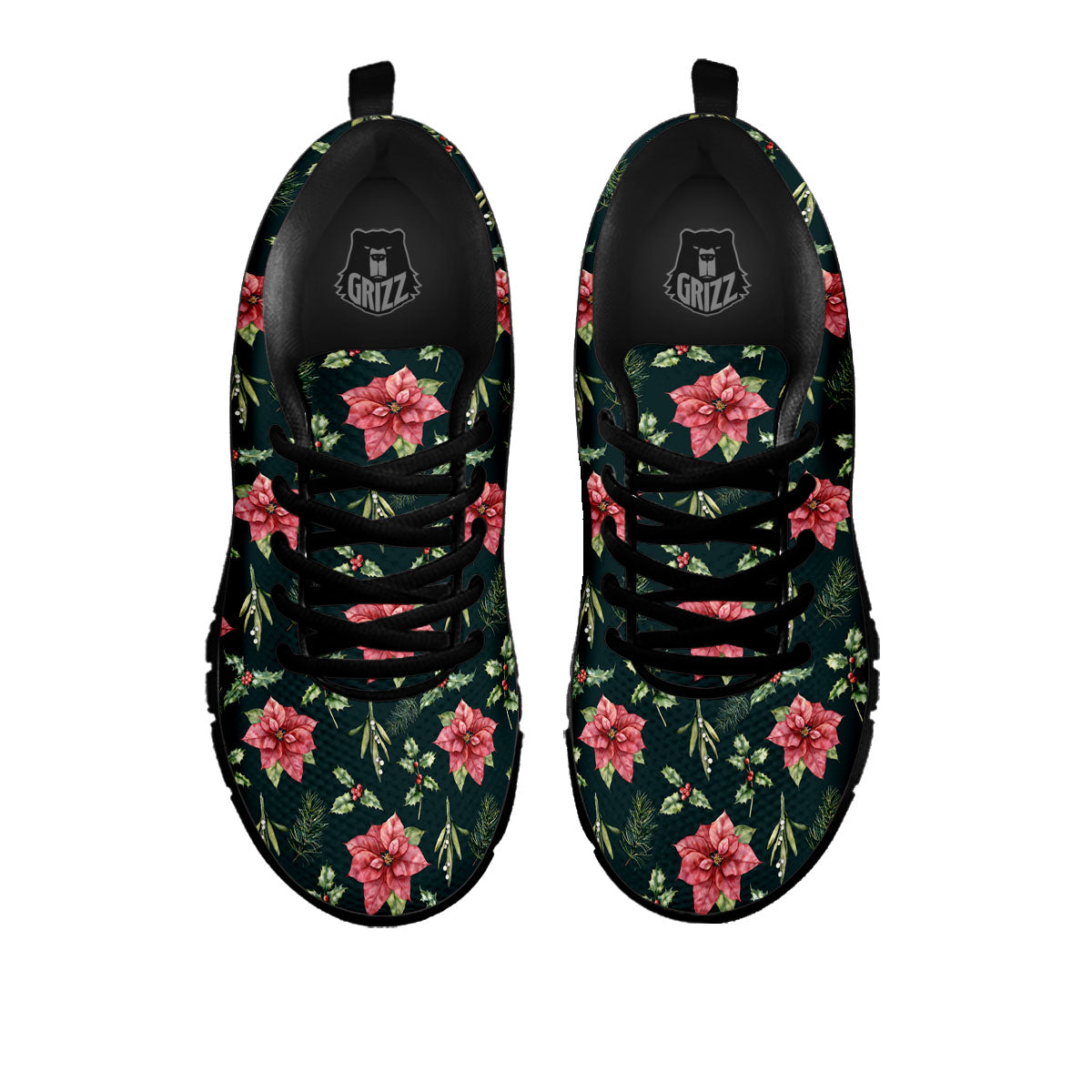 Poinsettia Christmas Watercolor Print Pattern Black Sneaker-grizzshop