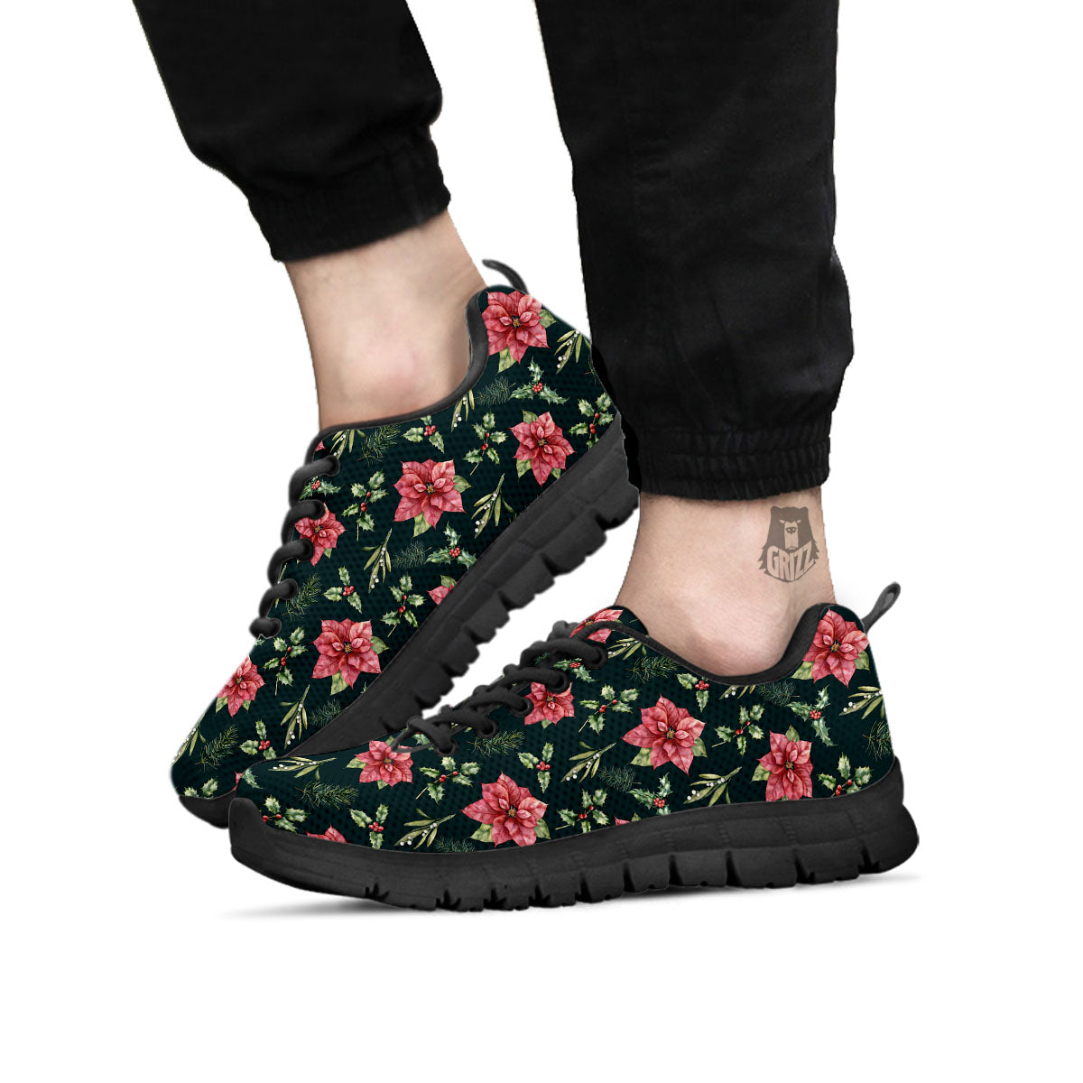 Poinsettia Christmas Watercolor Print Pattern Black Sneaker-grizzshop