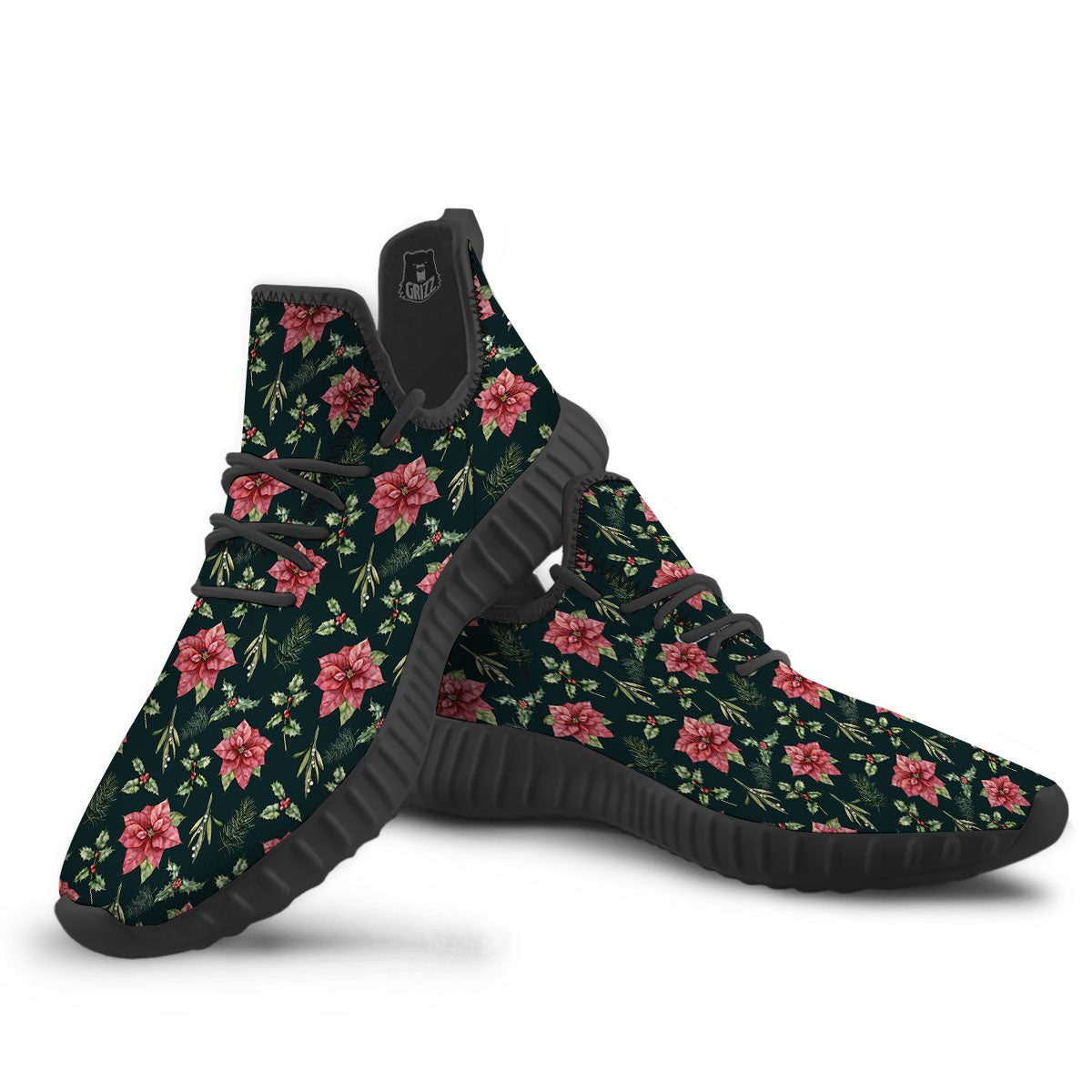 Poinsettia Christmas Watercolor Print Pattern Black Walking Shoes-grizzshop