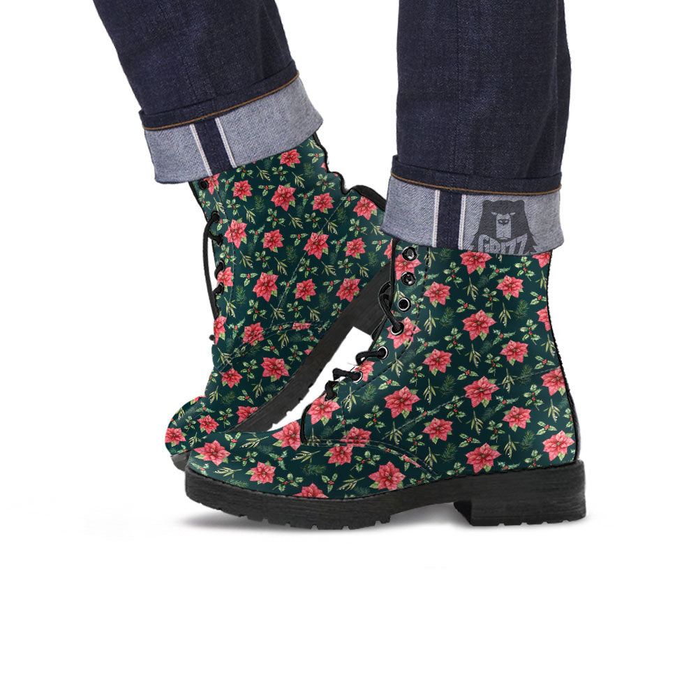 Poinsettia Christmas Watercolor Print Pattern Leather Boots-grizzshop