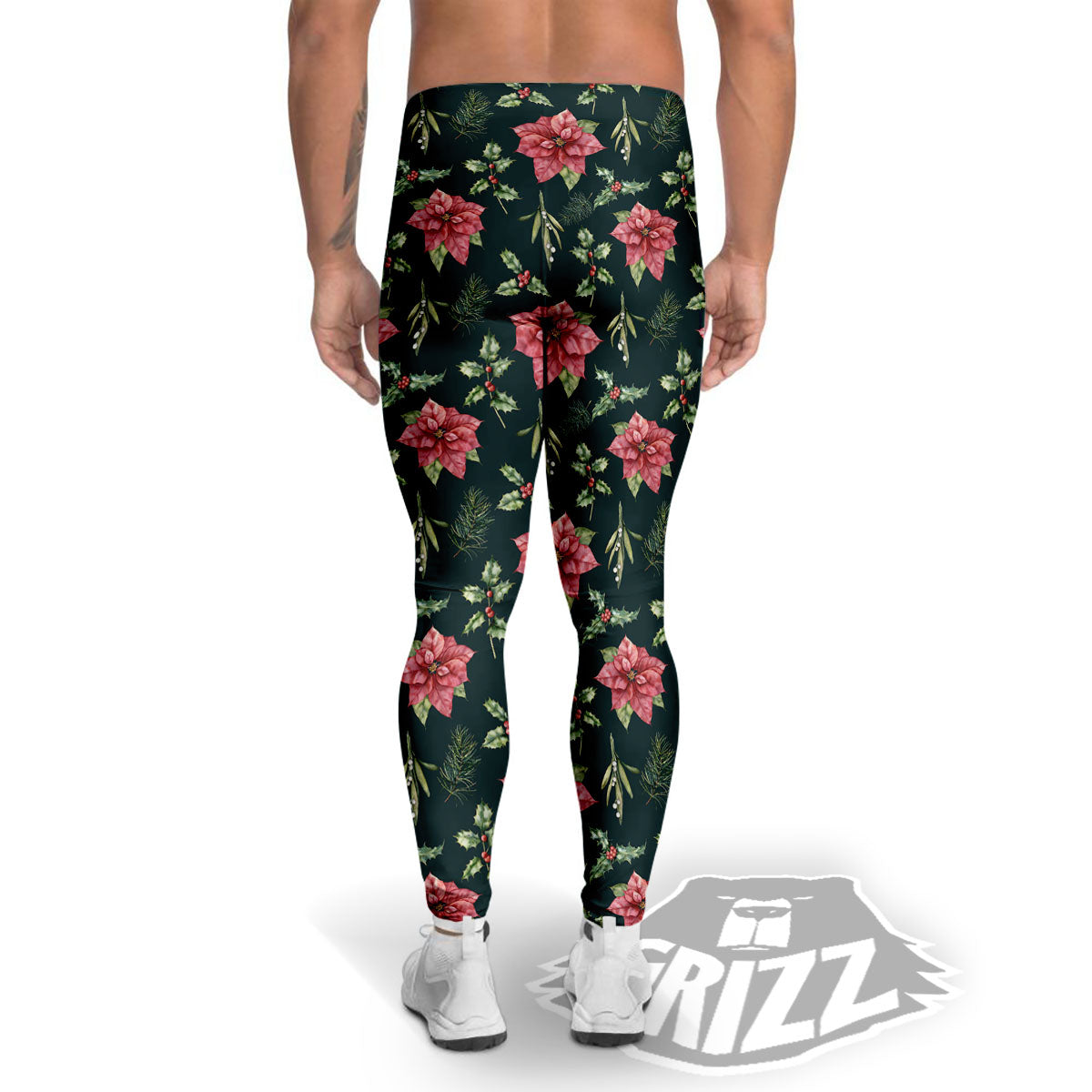 Poinsettia Christmas Watercolor Print Pattern Men's Leggings-grizzshop