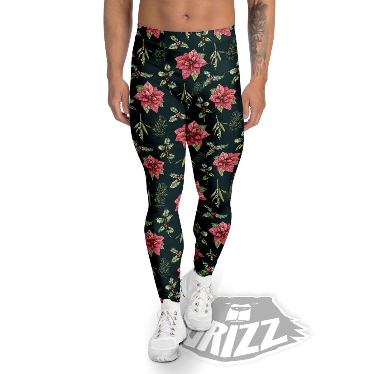 Poinsettia Christmas Watercolor Print Pattern Men's Leggings-grizzshop