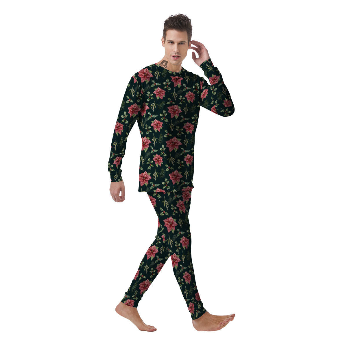 Poinsettia Christmas Watercolor Print Pattern Men's Pajamas-grizzshop