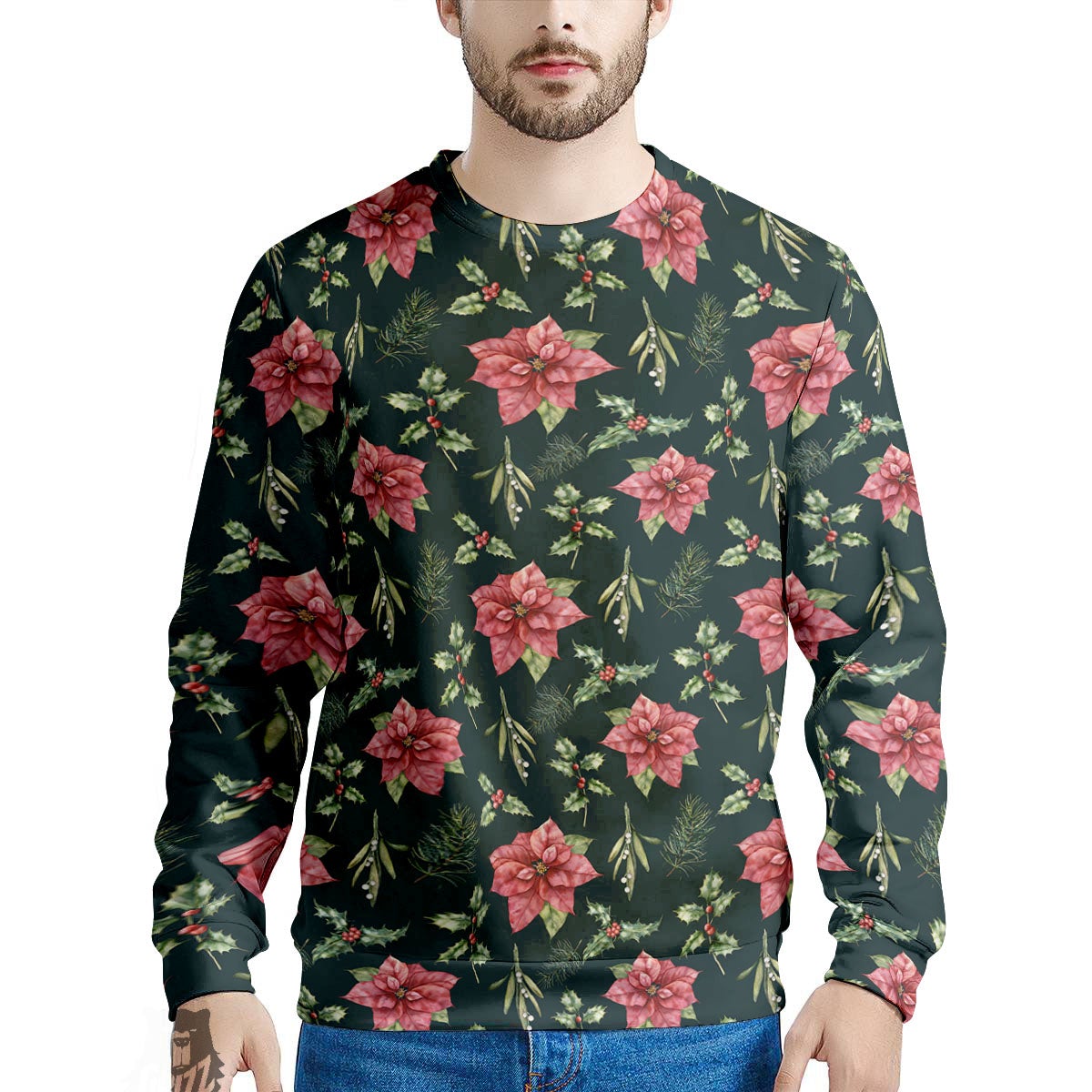 Poinsettia Christmas Watercolor Print Pattern Men's Sweatshirt-grizzshop