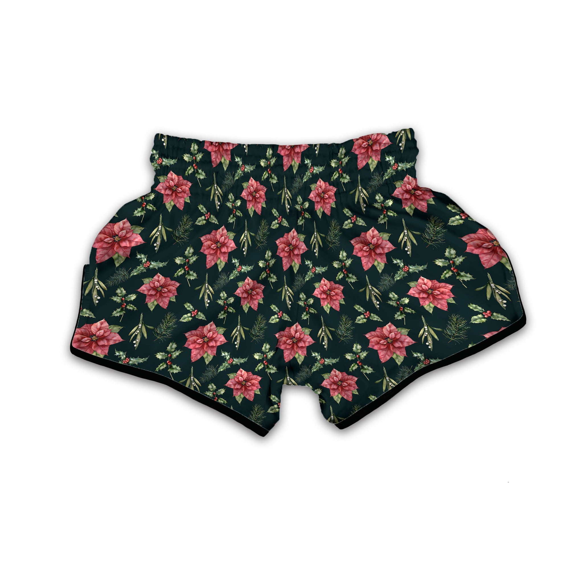 Poinsettia Christmas Watercolor Print Pattern Muay Thai Boxing Shorts-grizzshop