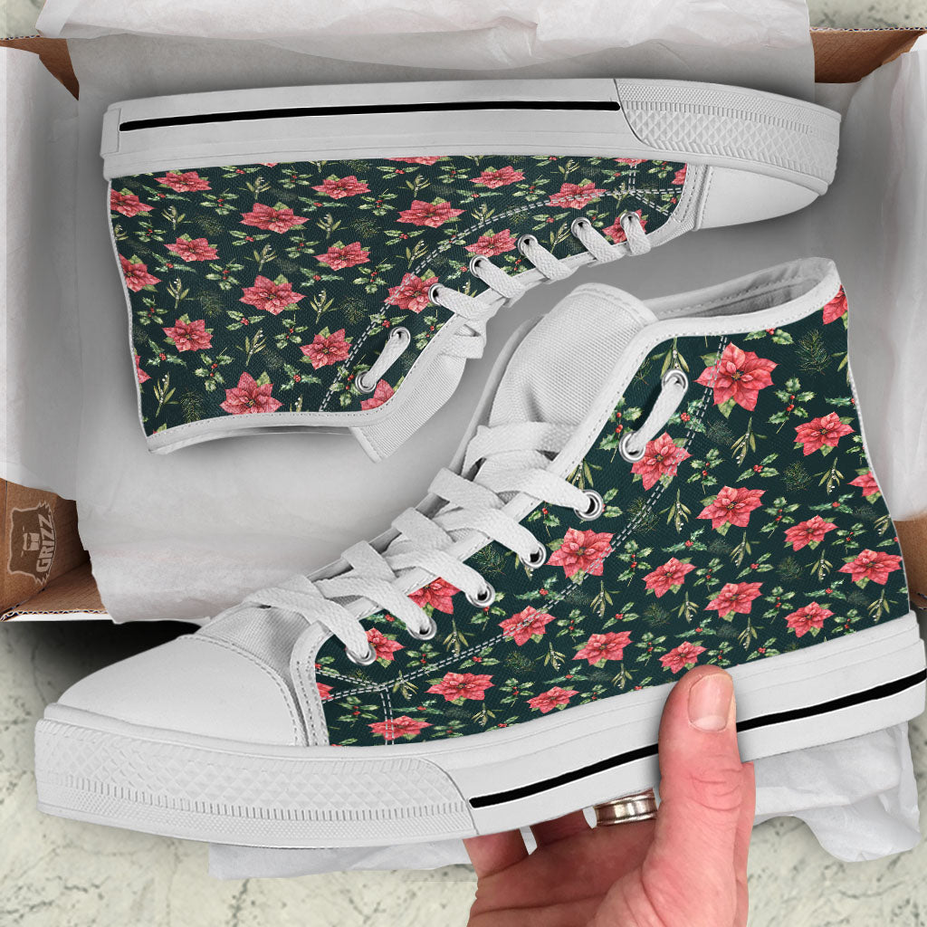 Poinsettia Christmas Watercolor Print Pattern White High Top Shoes-grizzshop