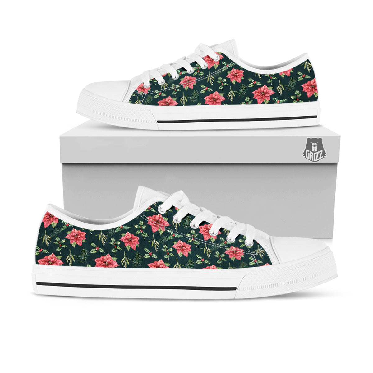 Poinsettia Christmas Watercolor Print Pattern White Low Top Shoes-grizzshop