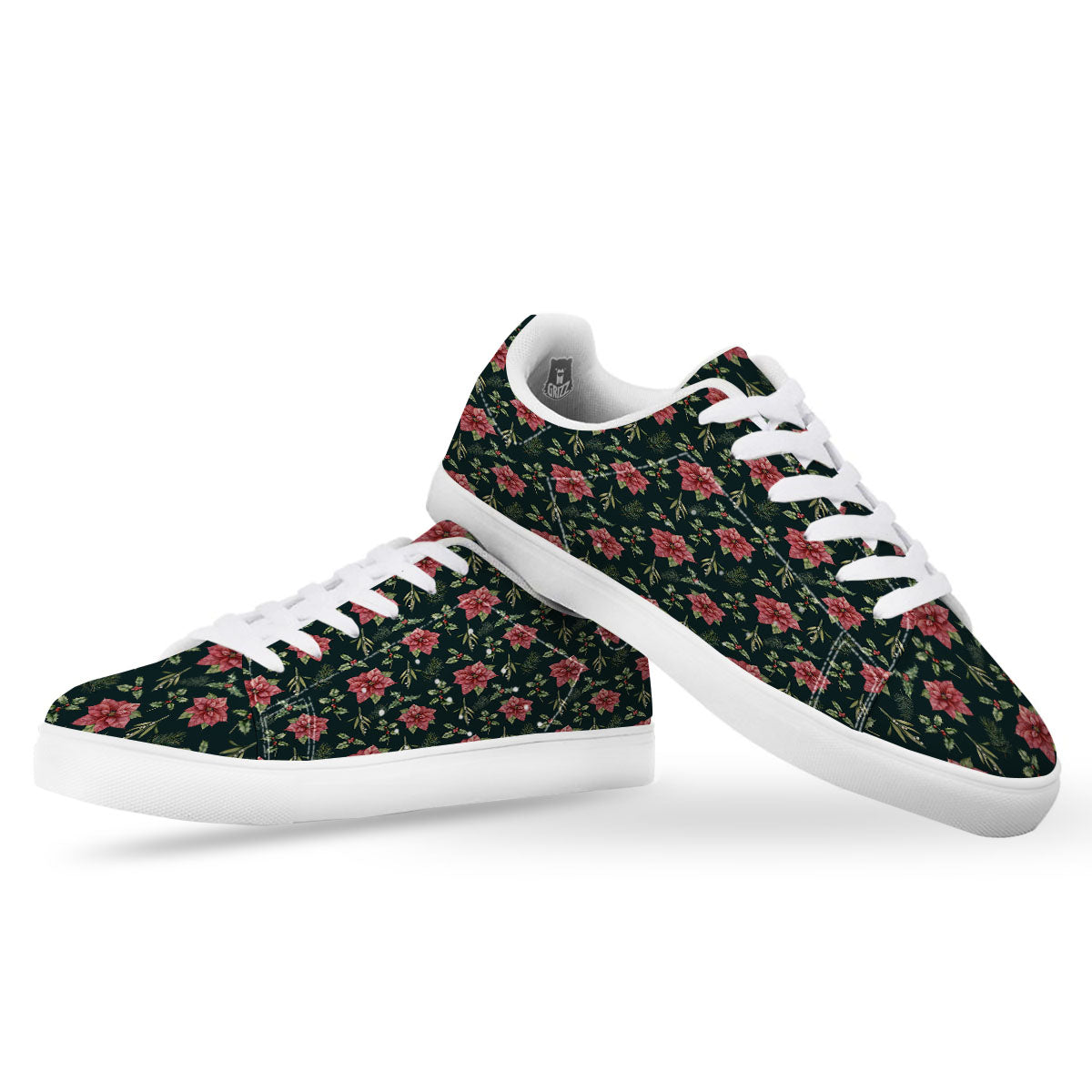 Poinsettia Christmas Watercolor Print Pattern White Low Top Sneakers-grizzshop